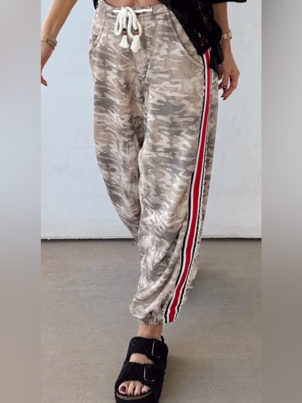 Camo Drawstring Track Pants with Red Stripe - Women
